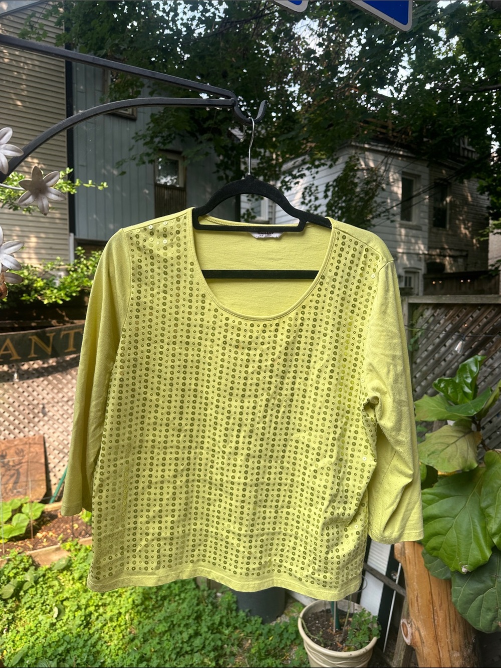 TanJay Lime Green Scoop Neck Long Sleeve Top with Sequined Front